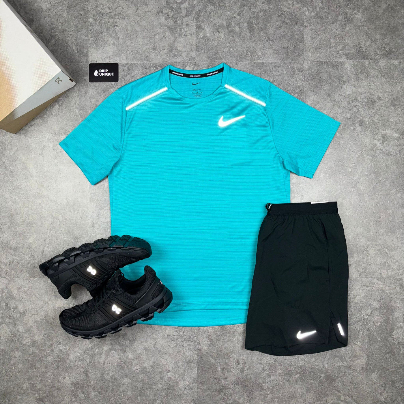 Men's Nike Miler T-Shirt Aqua Blue & Black Flex Stride Shorts Set, dripuniqueuk