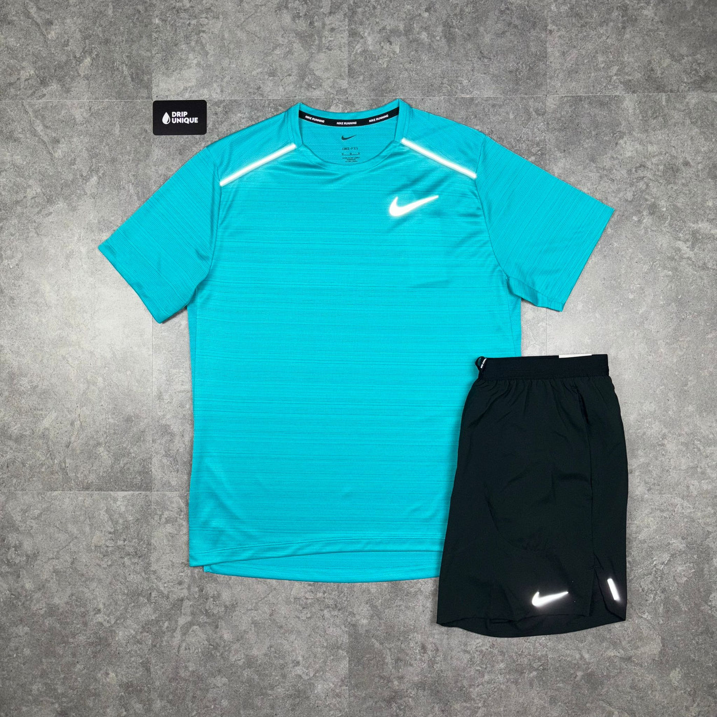 Men's Nike Miler T-Shirt Aqua Blue & Black Flex Stride Shorts Set, dripuniqueuk