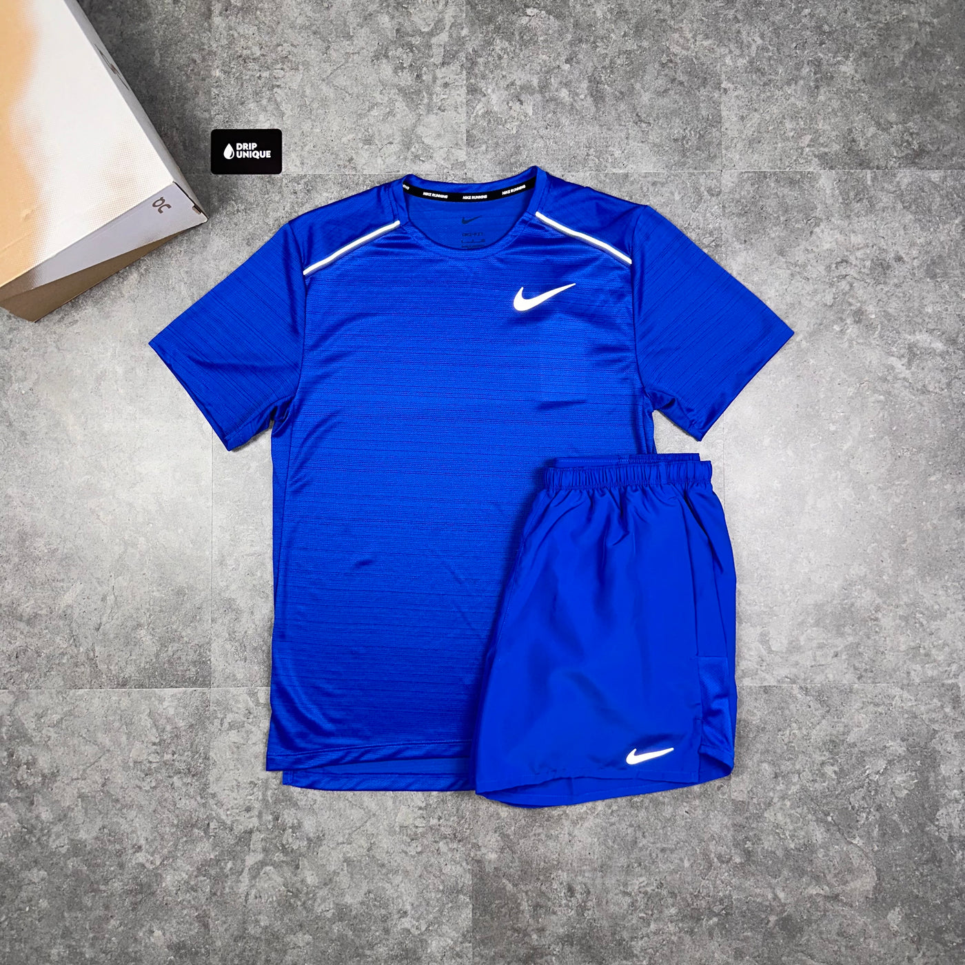 Men's Nike Dri-Fit Challenger Shorts 5" Royal Blue, paired with the Nike Miler T-Shirt in Royal Blue, dripuniqueuk