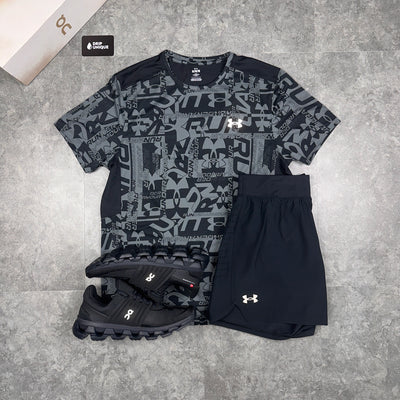 Men's Under Armour Launch Printed T-Shirt Black & Launch Speedpocket Shorts Set, dripuniqueuk