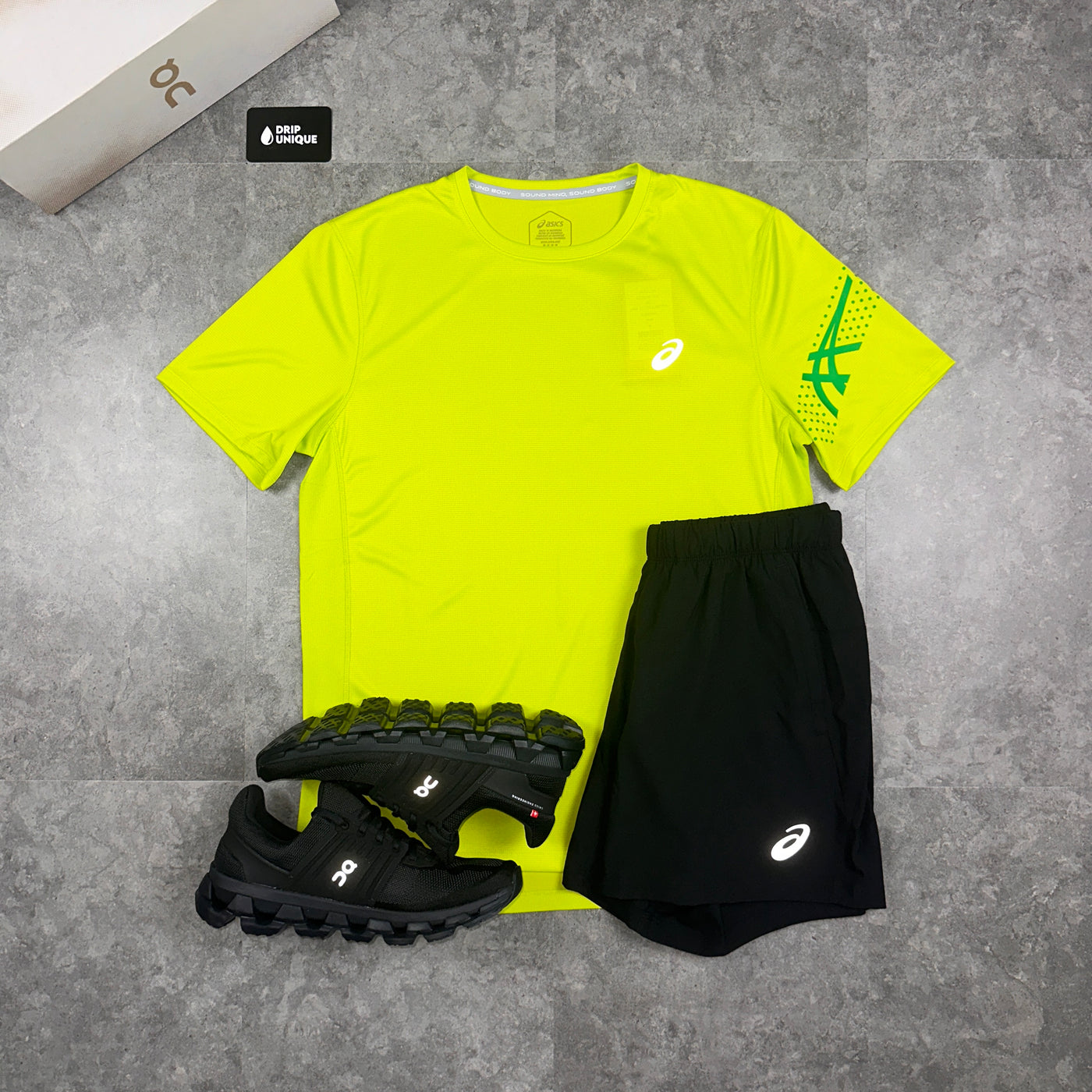 Men's Asics Lime Zest Icon T-Shirt & Black Shorts Set, dripuniqueuk