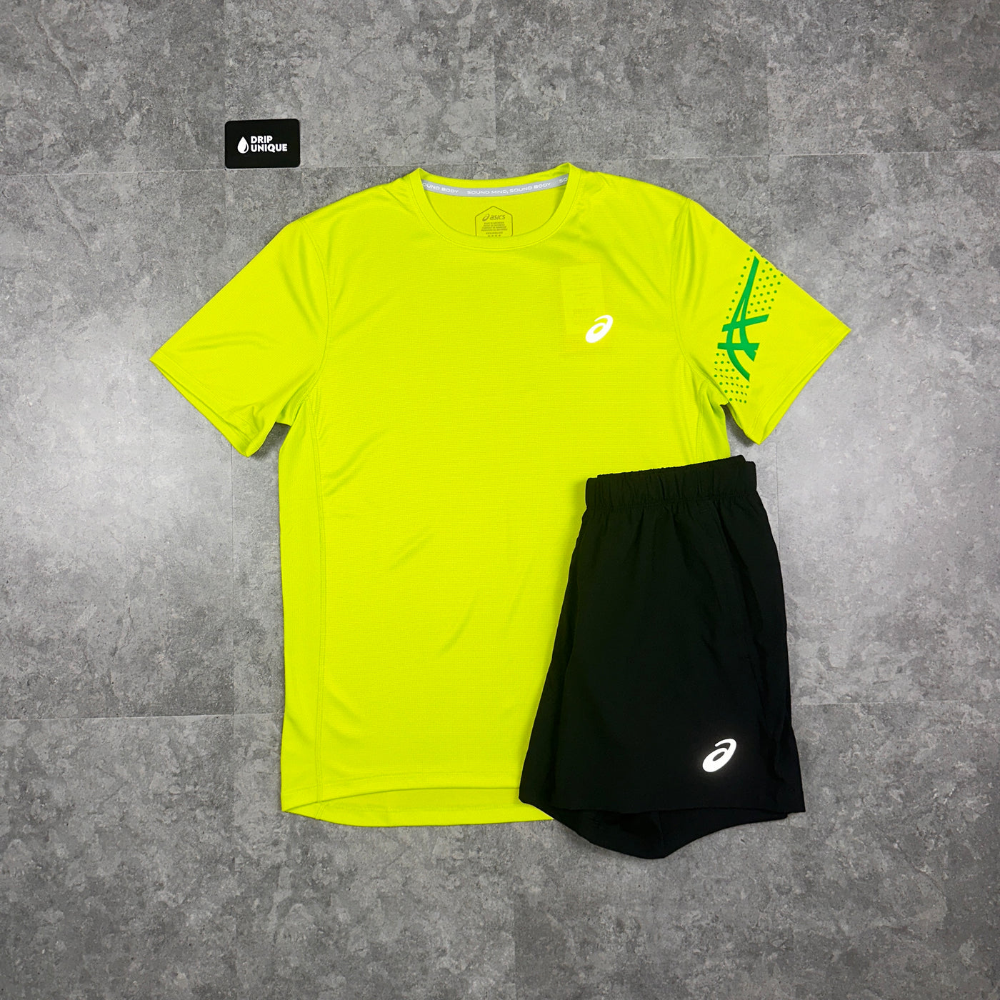 Men's Asics Lime Zest Icon T-Shirt & Black Shorts Set, dripuniqueuk