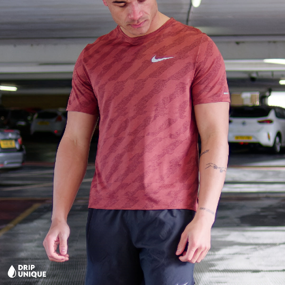 Men's Nike Jacquard Miler T-Shirt in Brown as pair, showcasing the front design, dripuniqueuk