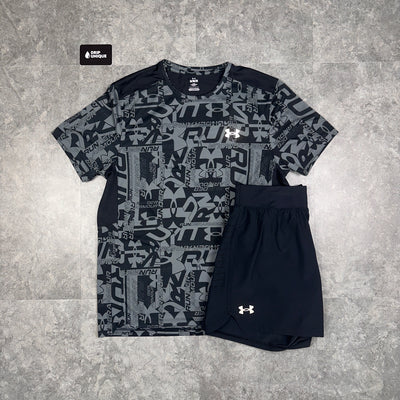 Men's Under Armour Launch Printed T-Shirt Black & Launch Speedpocket Shorts Set, dripuniqueuk