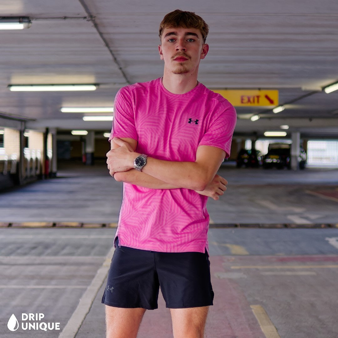 Under Armour Geo Tessa Vent T-Shirt Pink & Launch Speedpocket Shorts Set