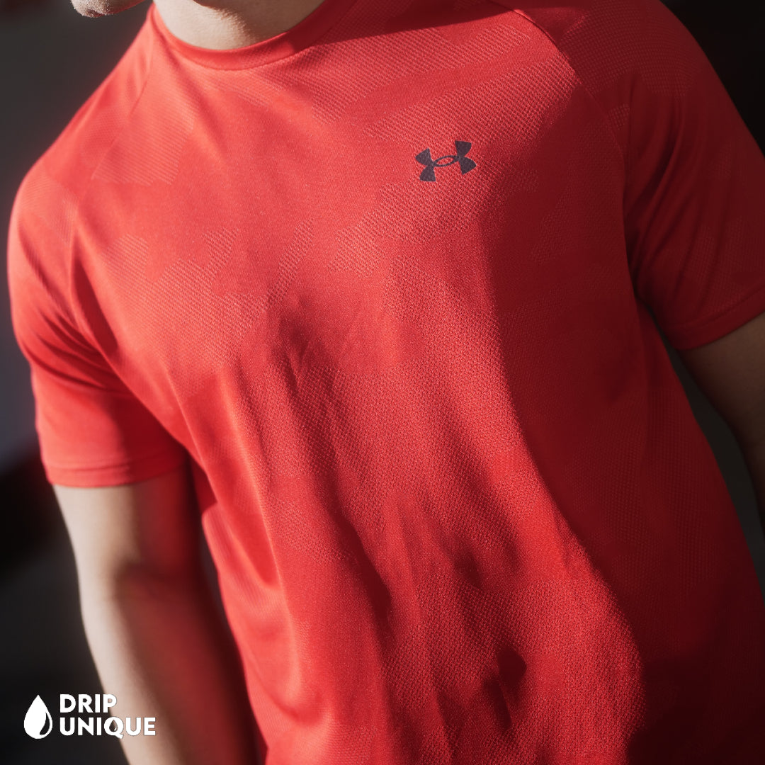 Men's Under Armour Jacquard T-Shirt in Red, being modeled, showing the front design, close up, dripuniqueuk